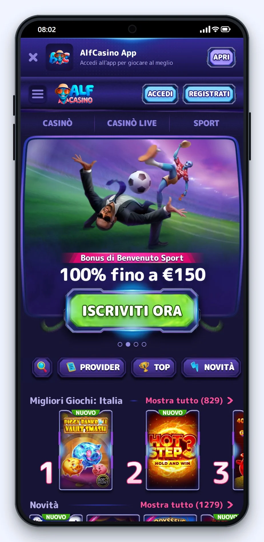 la pagina principale di Alf Casino nel confronto casino online senza documenti