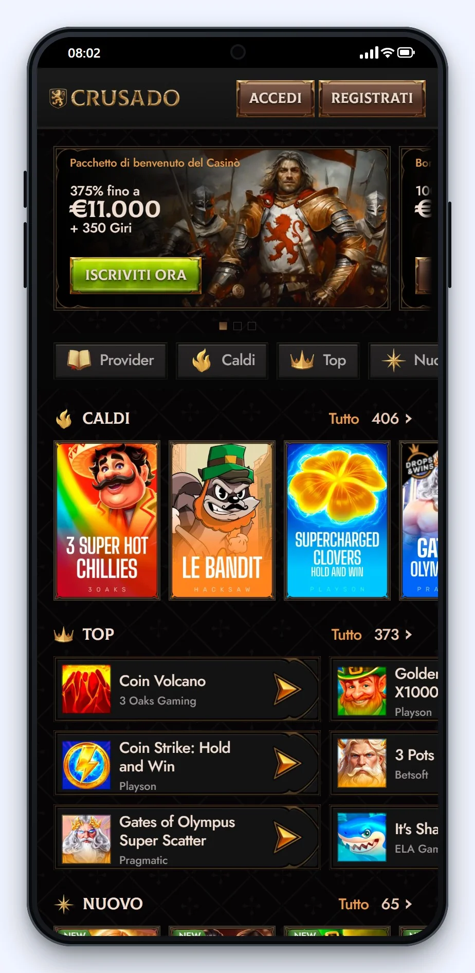 la lobby mobile di Crusado nella guida ai siti non aams che accettano neteller