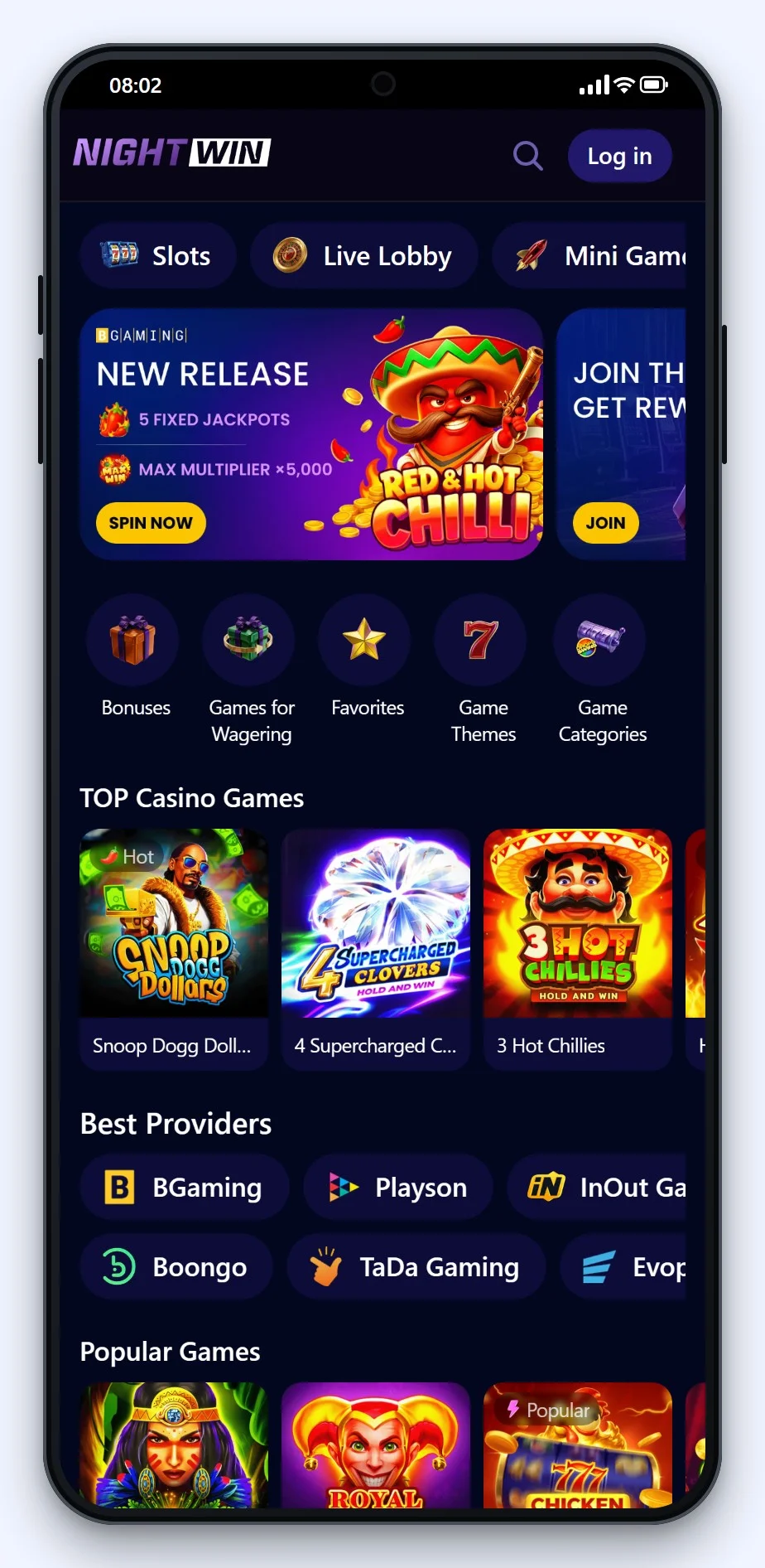la lobby mobile di NightWin nella guida ai casino aams bitcoin