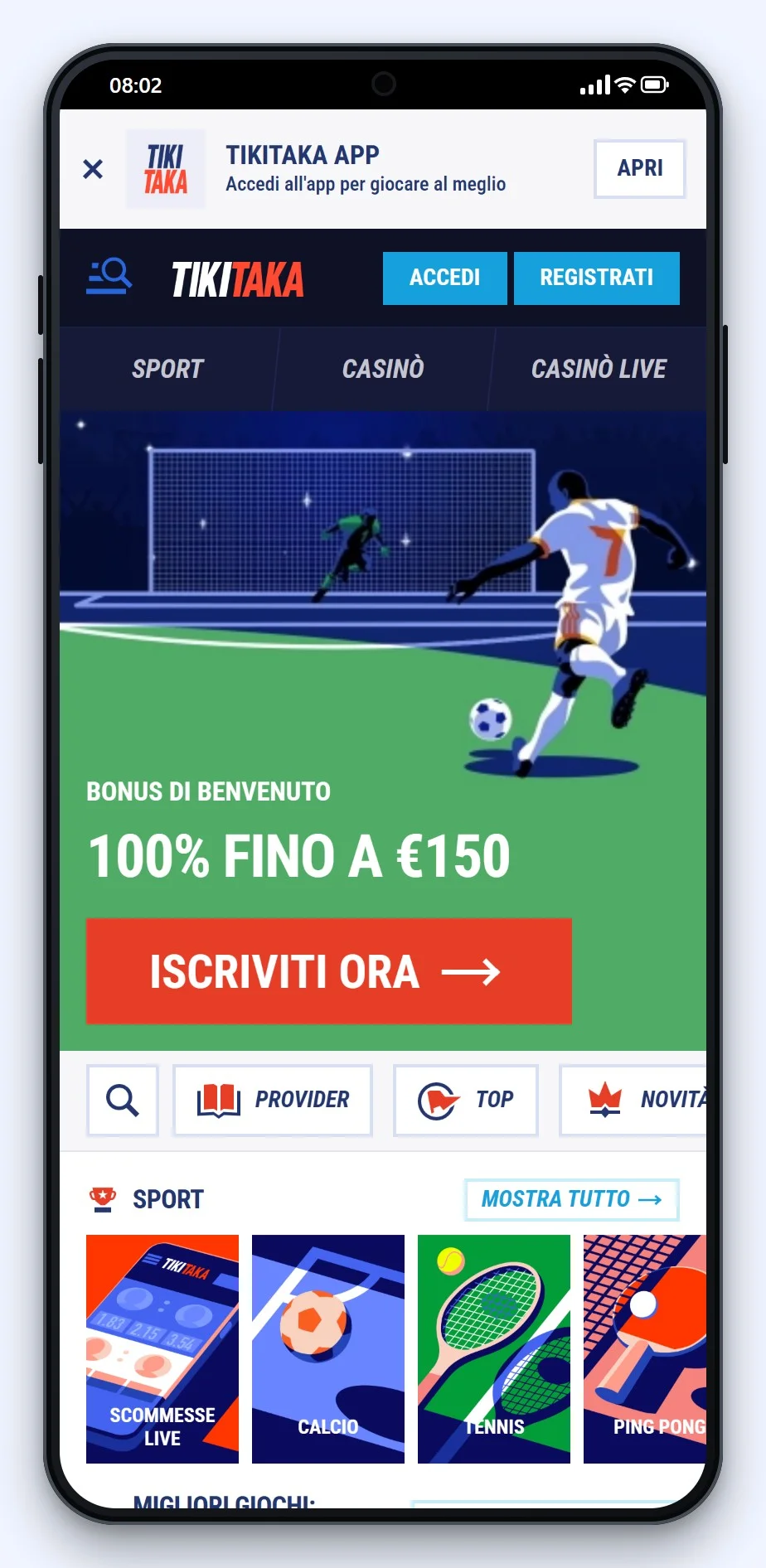 la lobby mobile di TikiTaka nella guida ai casino che accettano paysafecard