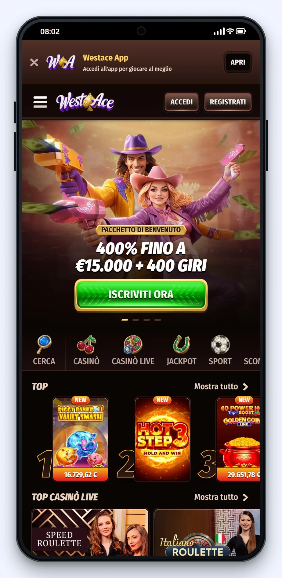 la homepage di WestAce nella guida ai casino senza documenti