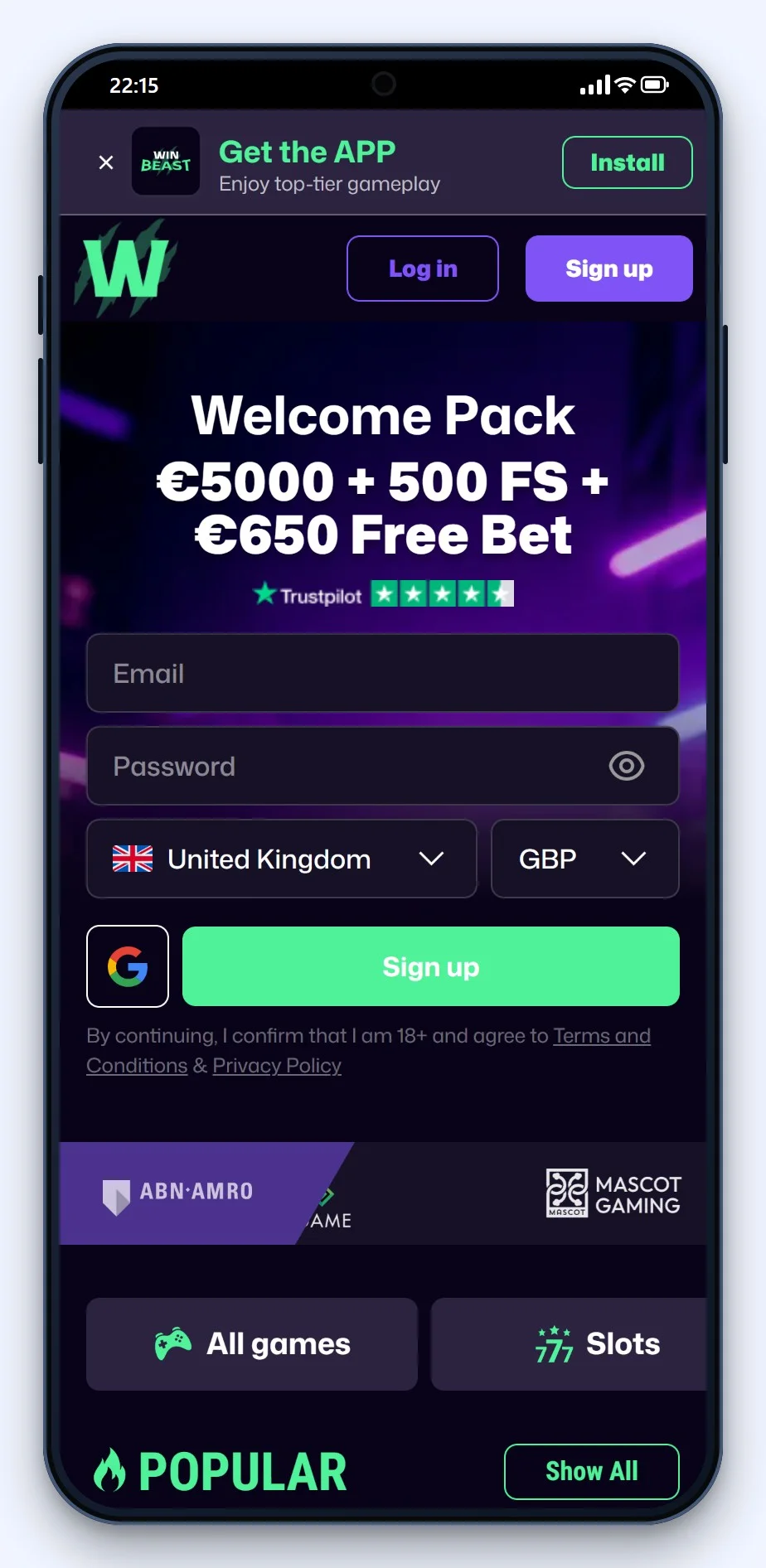 the WinBeast mobile site from our skrill casinos comparison